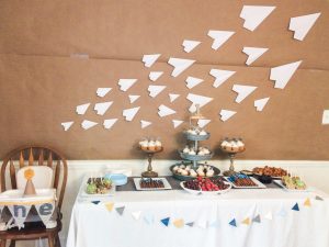 Rustic Paper Airplane Party | Rustic paper airplane party with all handmade party decorations and ticking stripe banner. FREE printable banner template!