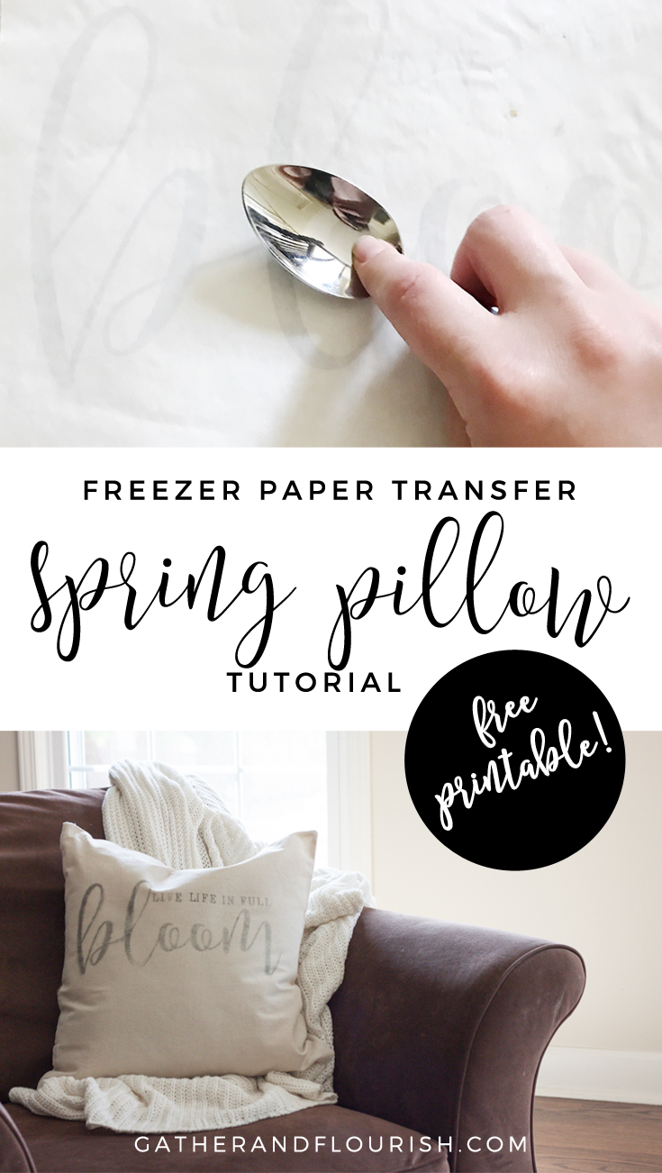 Spring pillow cover tutorial using freezer paper transfer method! Including free printable design! 